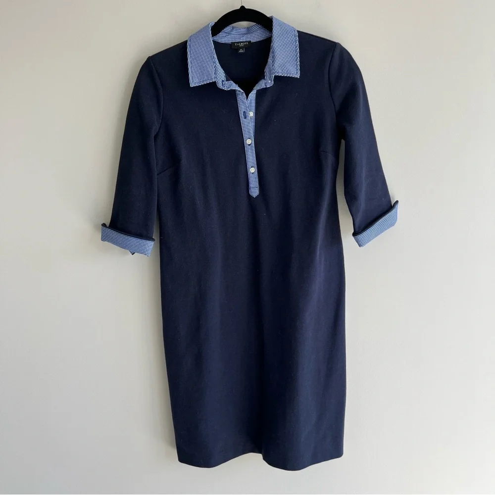Talbots Cotton Polo Pique Popover Shirt Dress gingham collar cuffs small petite